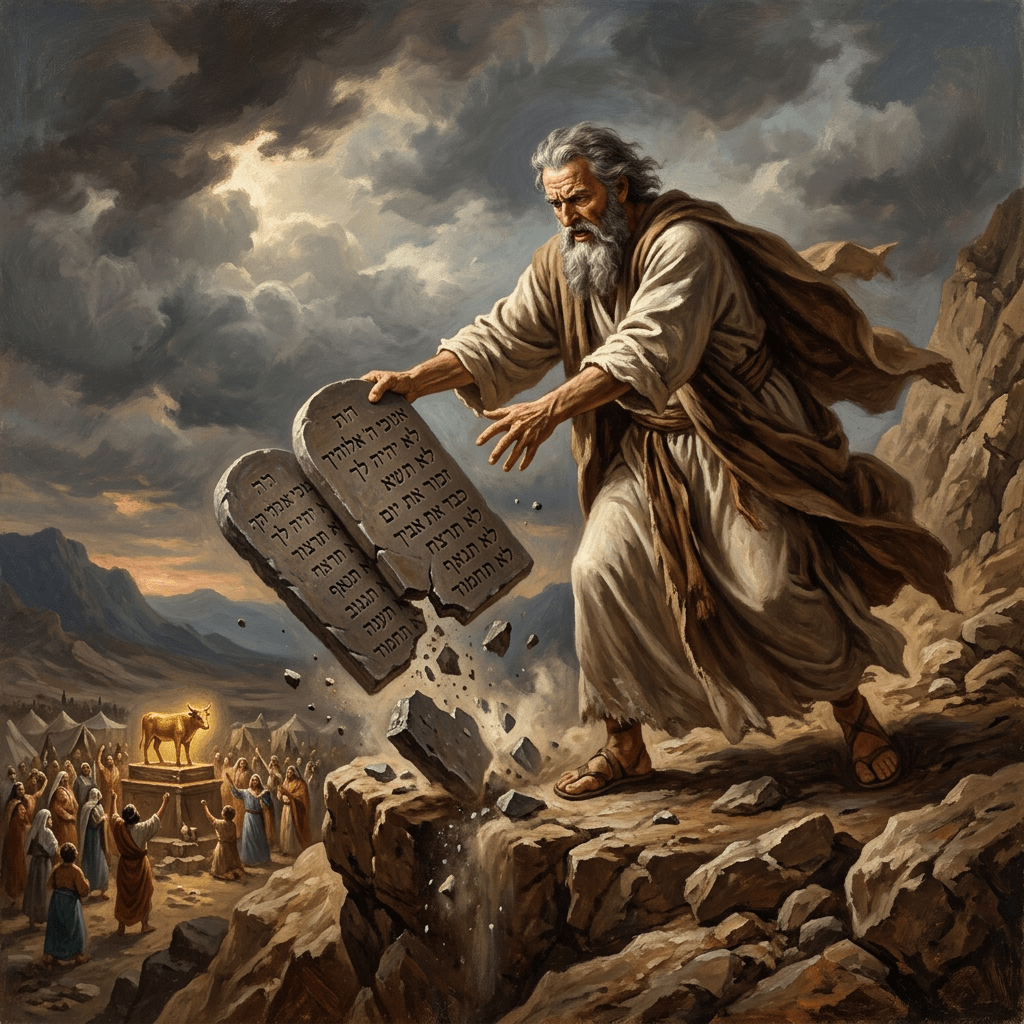 Moses breaking stone tablets with Hebrew inscriptions on a rocky cliff, people worshiping a golden calf in the background
