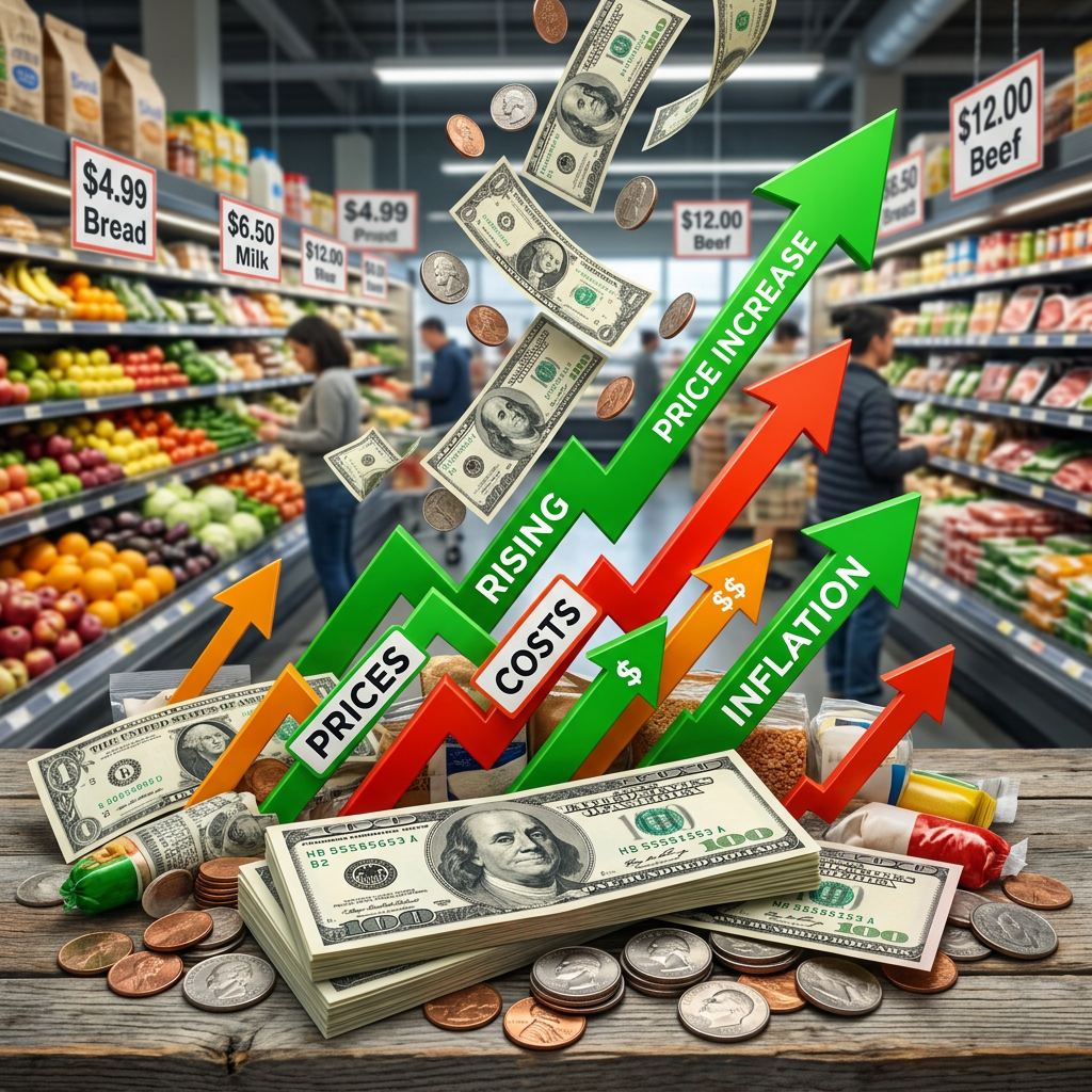 Supermarket aisle with rising arrows labeled prices, costs, inflation, price increase, with money and grocery items