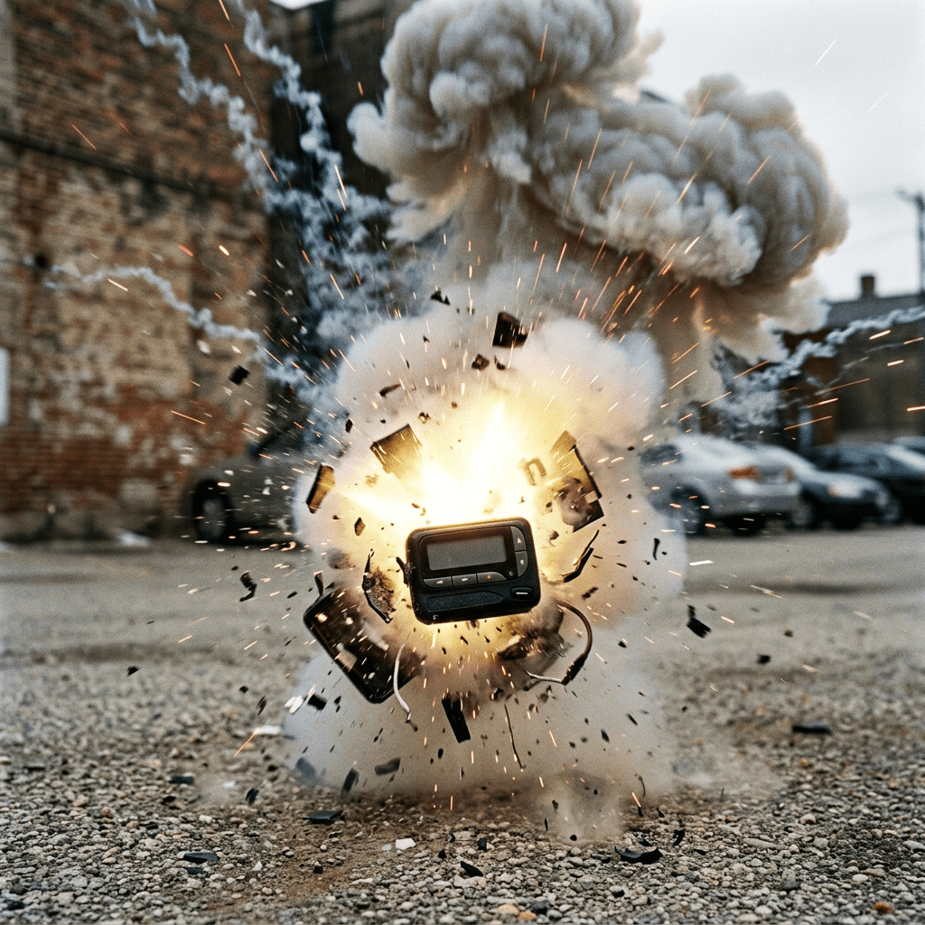 Digital device exploding with fire, smoke, and debris outdoors on gravel
