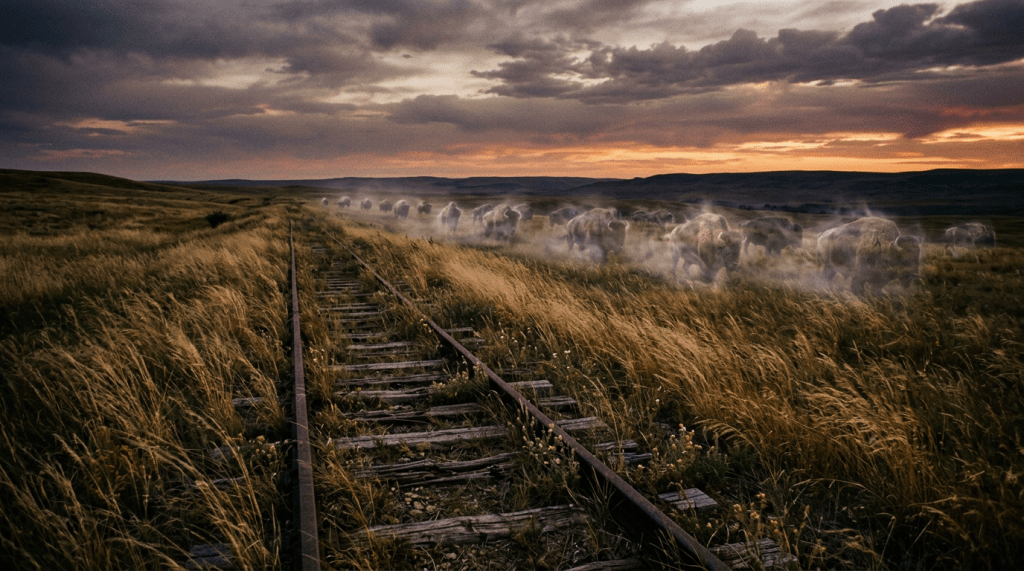 Herd of bison moving alongside abandoned railroad tracks in a grassy field at sunset