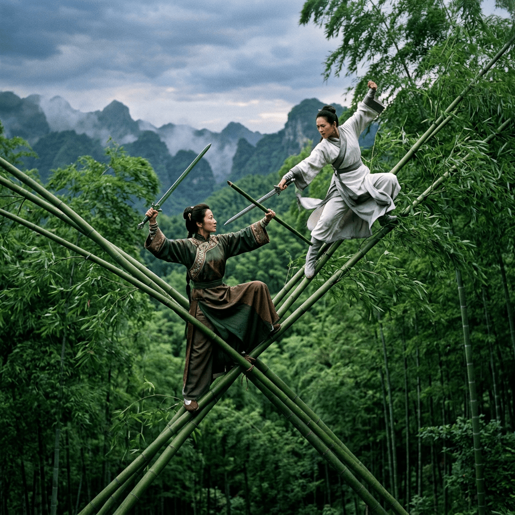 Two warriors balancing on intersecting bamboo stalks, fighting with swords against a mountainous forest background.