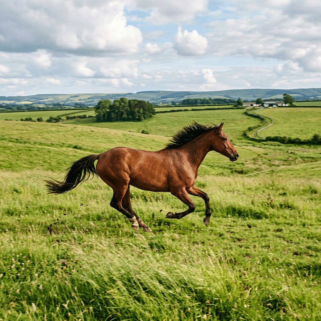 Brown horse running through a grassy field with rolling hills and scattered trees in the background