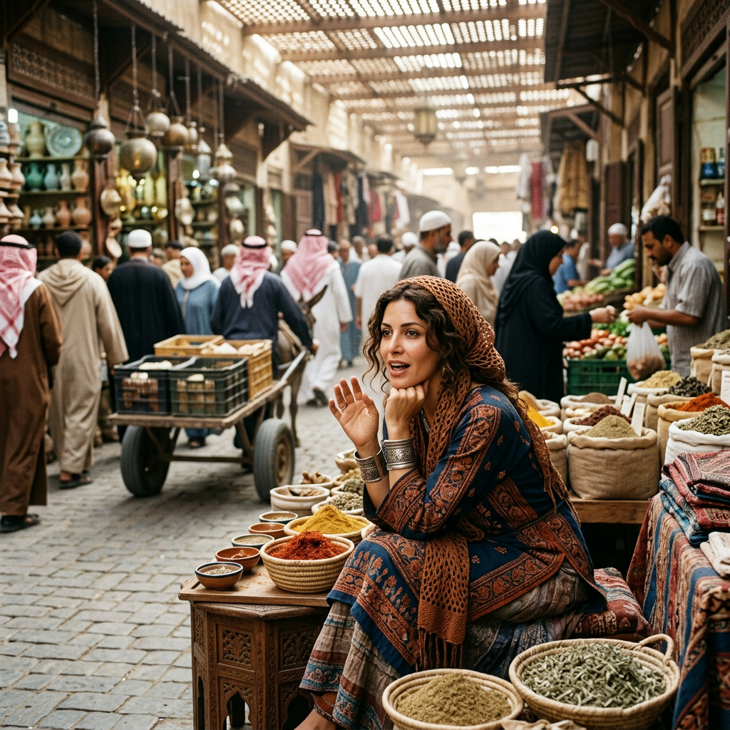 Woman selling spices in a crowded Middle Eastern market