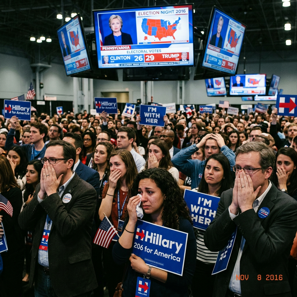 Crowd of Hillary Clinton supporters reacting emotionally to 2016 election results in a large room