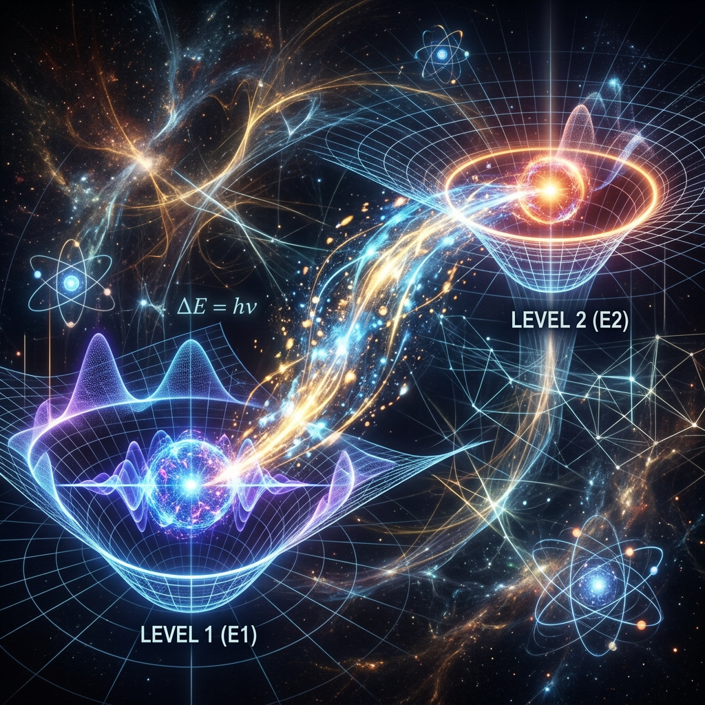 Diagram of quantum energy transition between level 1 and level 2 with ΔE = hv equation