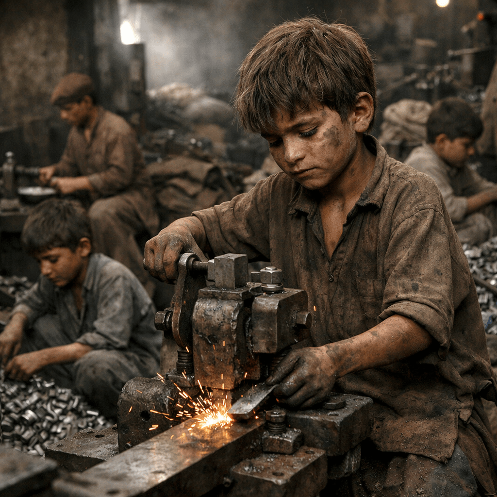 Young boys working with metal machinery in a dirty workshop producing sparks