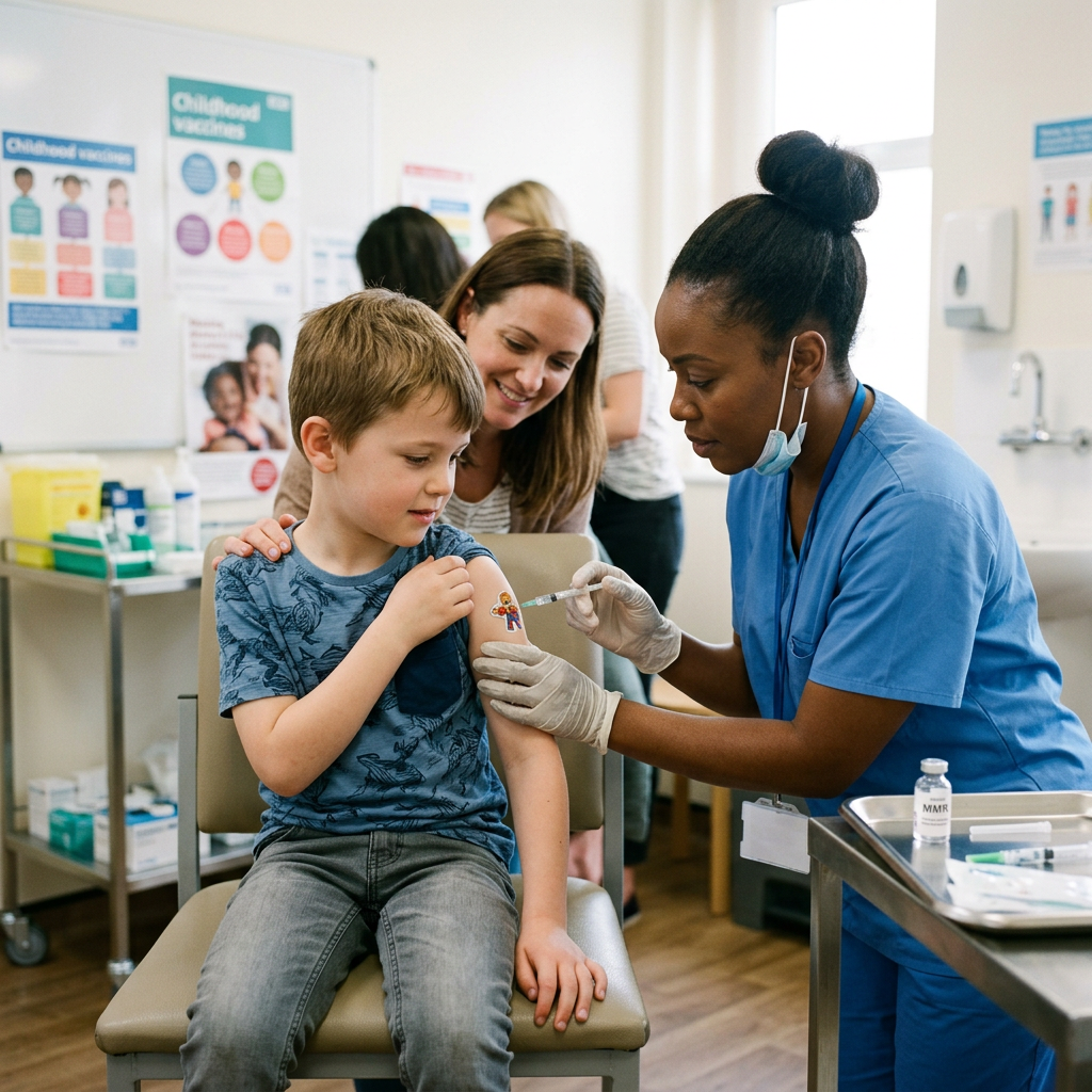 Nurse administering a vaccine to a young boy's upper arm with mother comforting him