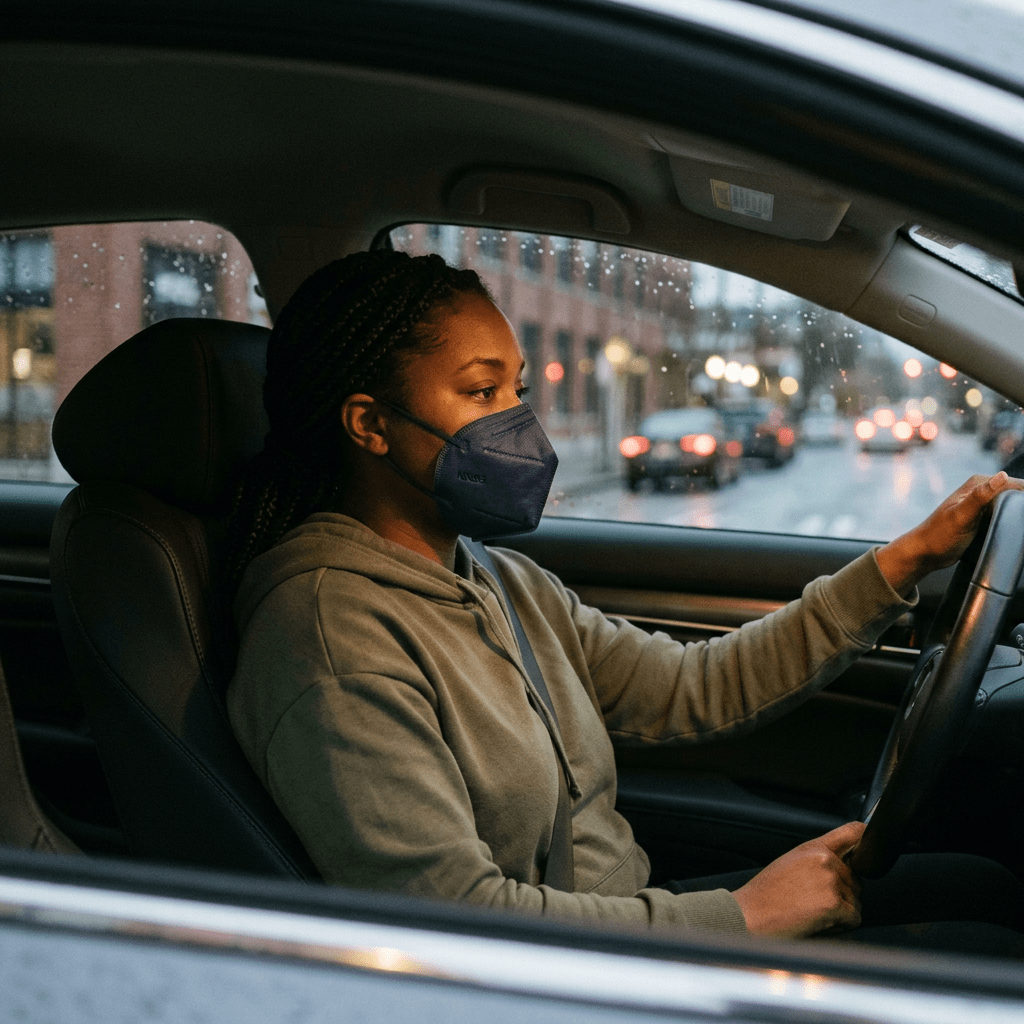 Person wearing mask alone in car