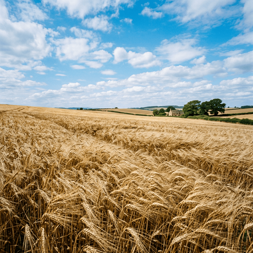 Golden wheat field with a distant countryside cottage and trees under a blue sky with white clouds