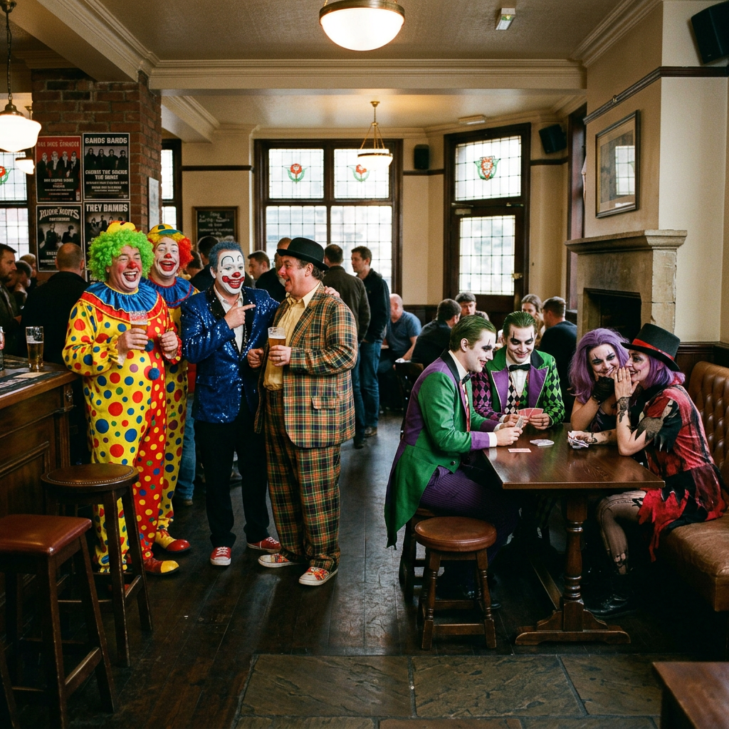 People in clown and joker costumes socializing and playing cards in a pub