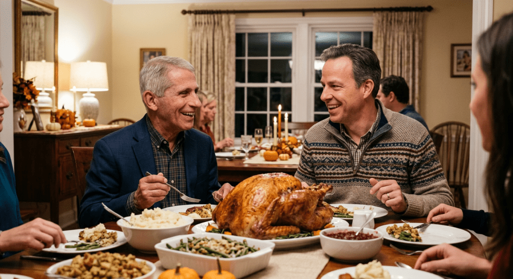 Family gathered around dining table with roasted turkey and side dishes