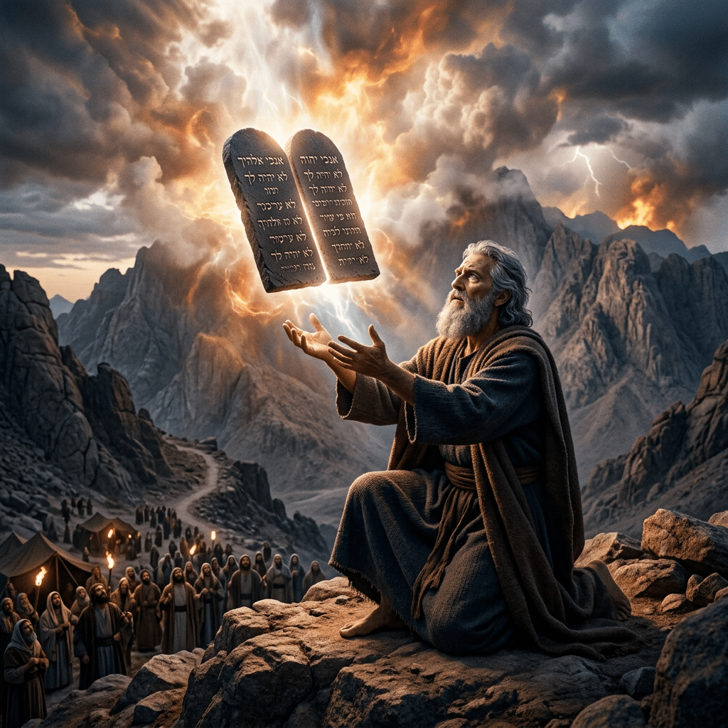 Moses kneeling with glowing stone tablets of the Ten Commandments appearing in front of him on Mount Sinai