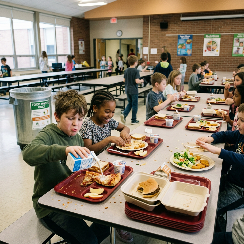 Elementary school children eating lunch with trays of food in a cafeteria