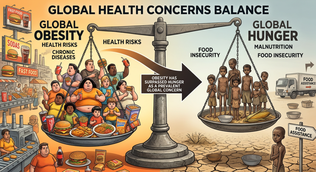 Scale balancing global obesity and hunger as health concerns with obese individuals and fast food on one side, and malnourished children with food insecurity on the other.