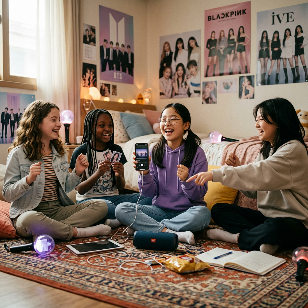 Four friends singing together in a K-pop decorated bedroom