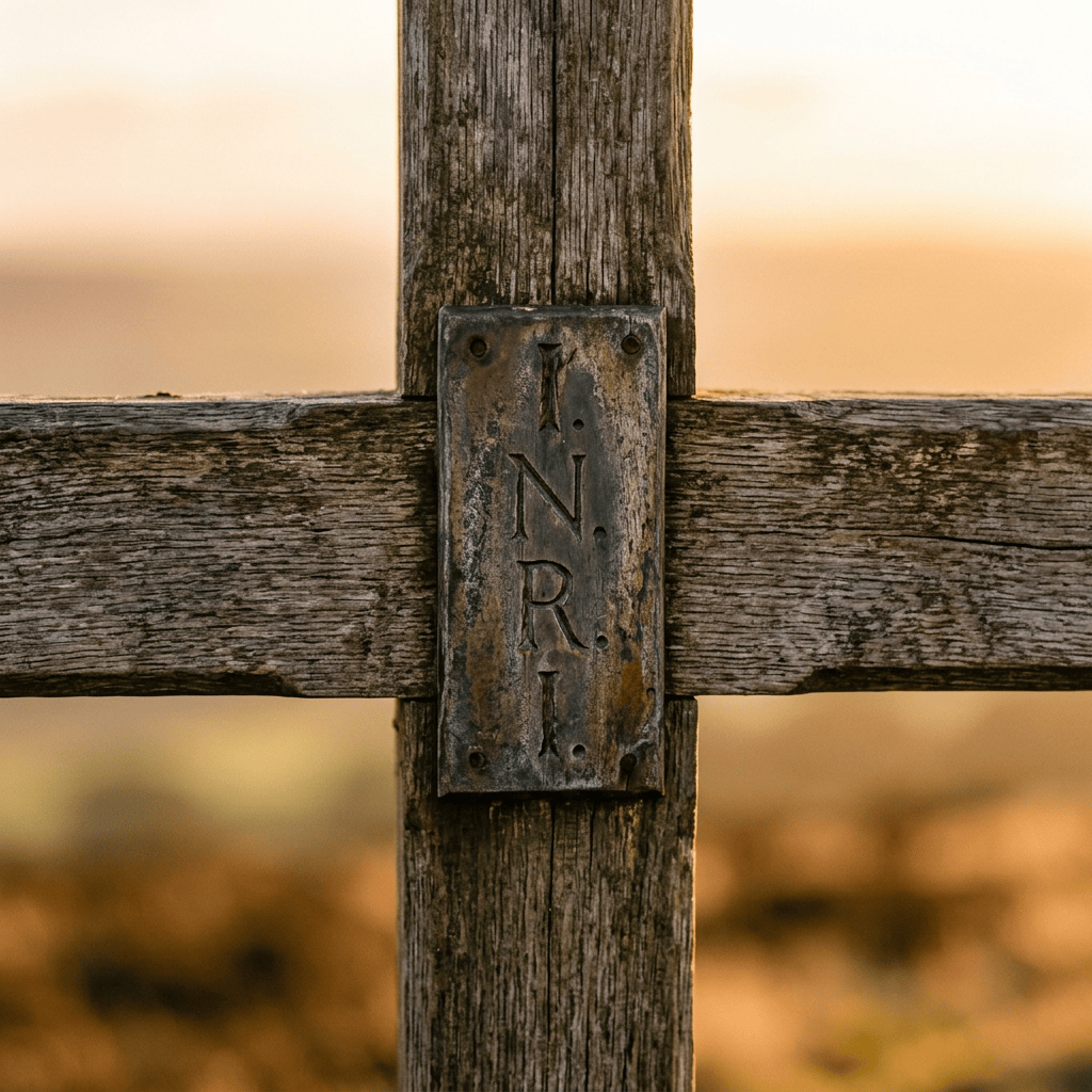 Weathered stone marker and wooden cross overlooking hills at sunset