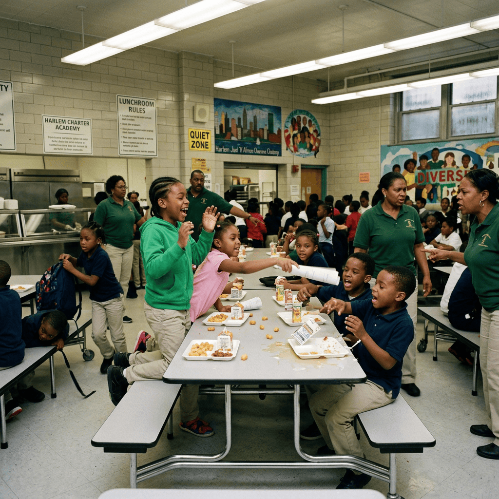 Students and staff gathering around tables in a school cafeteria