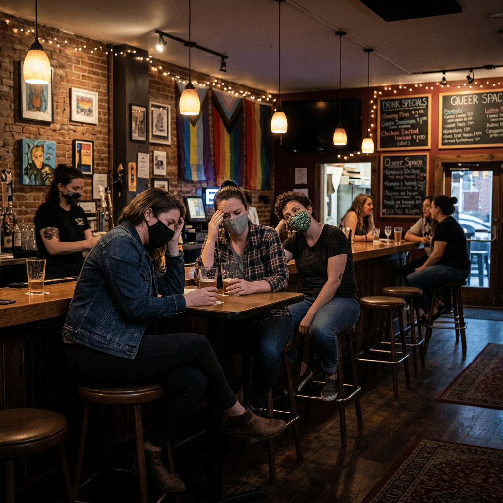 Three masked friends converse at a bar beneath Pride flags; signs read “DRINK SPECIALS” and “QUEER SPACE.”