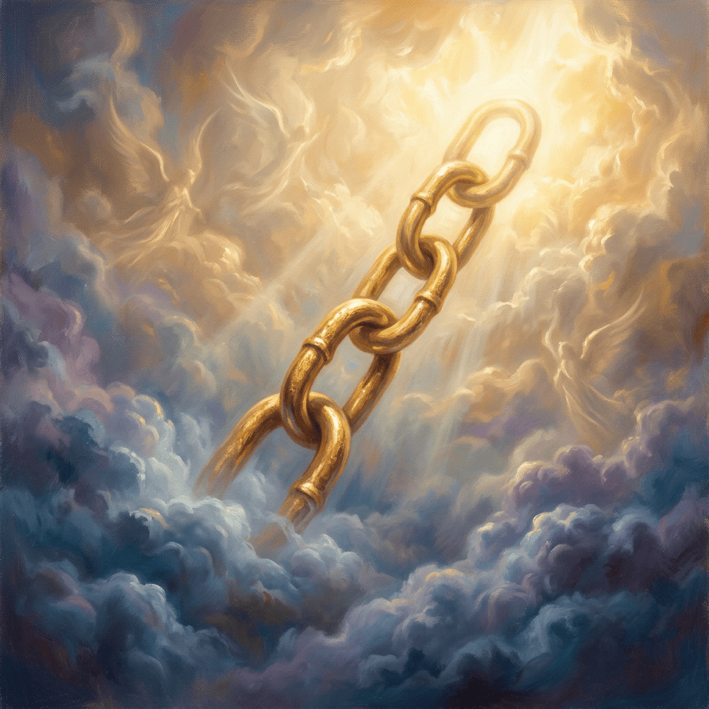 Golden chain rising through luminous clouds and sunlight