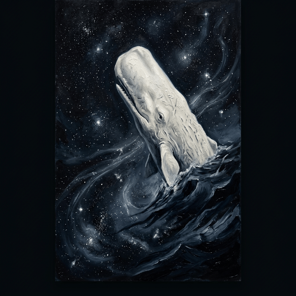 Pale whale breaching from dark waves beneath a star-filled sky
